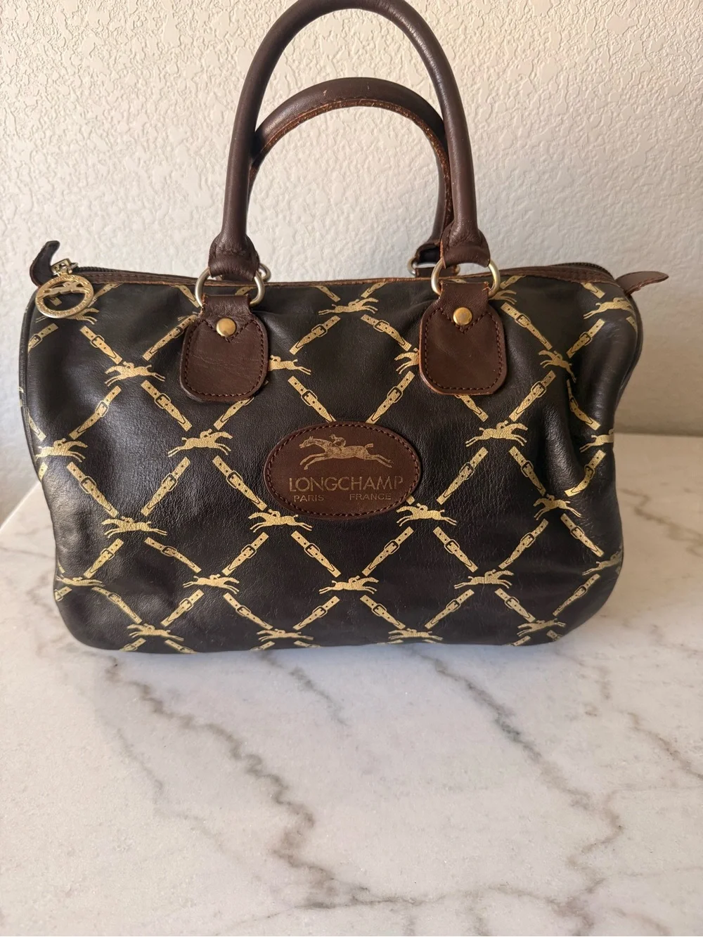 Vintage Longchamp Brown and Gold Monogram Satchel Bag with Long Wallet-GUC!!
